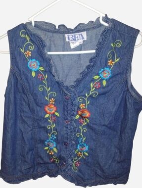 BFA Classics Ruffled Button-Front Vest with Floral Embroidery